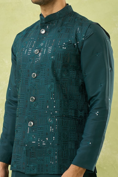 Arihant Rai Sinha_Green Viscose Sequins, Mirrors, Embroidery Bundi Kurta Set _Online_at_Aza_Fashions