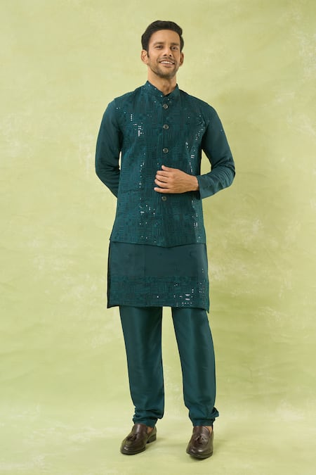 Shop_Arihant Rai Sinha_Green Viscose Sequins, Mirrors, Embroidery Bundi Kurta Set _Online_at_Aza_Fashions