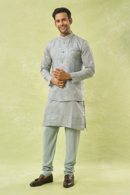 Arihant Rai Sinha_Gray Viscose Sequins, Mirrors, Embroidery Bundi Kurta Set _Online_at_Aza_Fashions