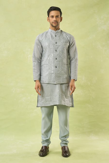 Buy_Arihant Rai Sinha_Gray Viscose Sequins, Mirrors, Embroidery Bundi Kurta Set _Online_at_Aza_Fashions