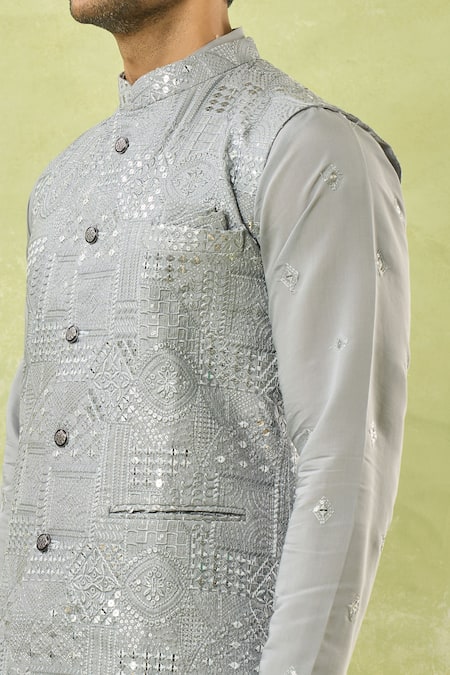 Arihant Rai Sinha_Gray Viscose Sequins, Mirrors, Embroidery Bundi Kurta Set _at_Aza_Fashions