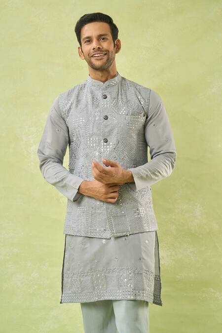 Shop_Arihant Rai Sinha_Gray Viscose Sequins, Mirrors, Embroidery Bundi Kurta Set 