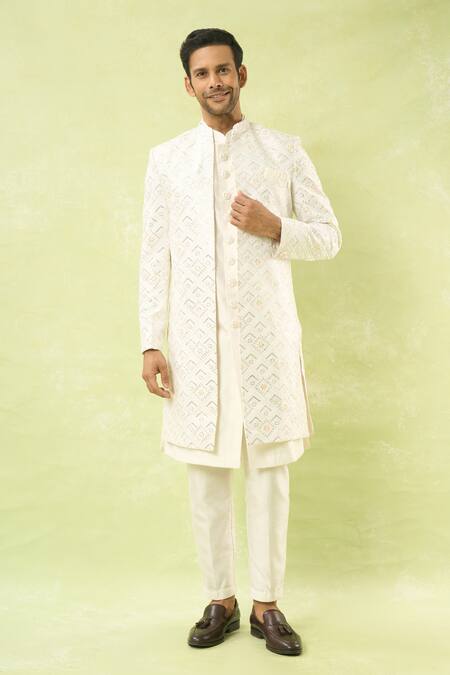 Shop Arihant Rai Sinha White Sequins, Embroidery Jaal Sherwani Set Online at Aza Fashions Shop_Arihant Rai Sinha_White Sequins, Embroidery Jaal Sherwani Set _Online_at_Aza_Fashions