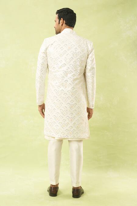 Shop Arihant Rai Sinha White Sequins, Embroidery Jaal Sherwani Set at Aza Fashions Shop_Arihant Rai Sinha_White Sequins, Embroidery Jaal Sherwani Set _at_Aza_Fashions
