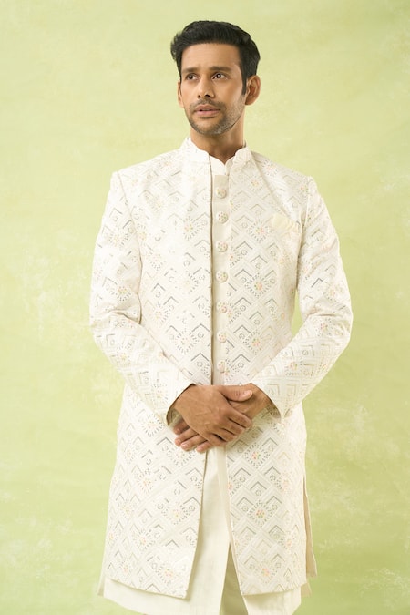 Buy Arihant Rai Sinha White Sequins, Embroidery Jaal Sherwani Set Buy_Arihant Rai Sinha_White Sequins, Embroidery Jaal Sherwani Set