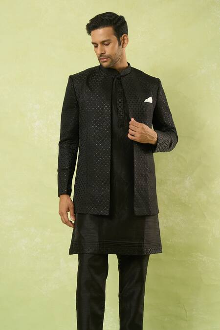 Shop_Arihant Rai Sinha_Black Embroidery, Sequins Jaal Sherwani Set_Online_at_Aza_Fashions