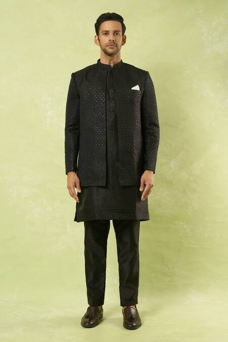 Shop_Arihant Rai Sinha_Black Embroidery, Sequins Jaal Sherwani Set