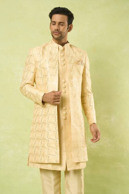 Arihant Rai Sinha_Gold Sequins, Embroidery Blossom Sherwani Set_Online_at_Aza_Fashions