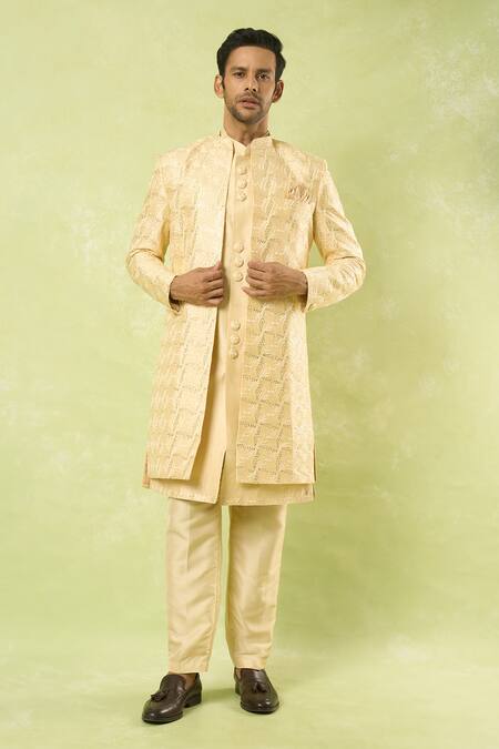 Arihant Rai Sinha_Gold Sequins, Embroidery Blossom Sherwani Set_at_Aza_Fashions