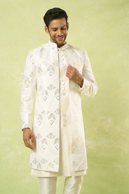 Arihant Rai Sinha_White Sequins Geometric Embroidered Sherwani Set_Online_at_Aza_Fashions