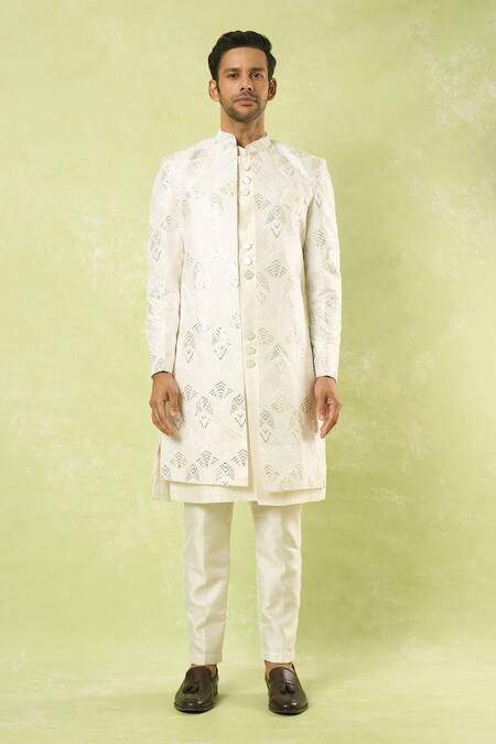 Shop_Arihant Rai Sinha_White Sequins Geometric Embroidered Sherwani Set_Online_at_Aza_Fashions