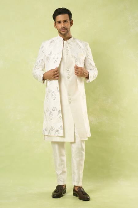 Shop_Arihant Rai Sinha_White Sequins Geometric Embroidered Sherwani Set