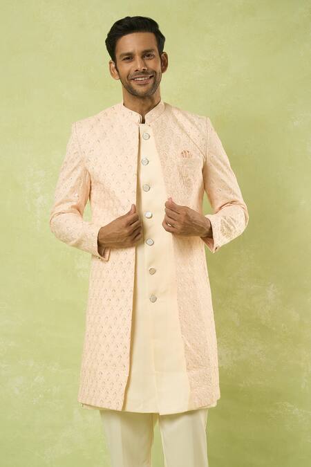 Shop Arihant Rai Sinha Peach Sequins, Embroidery Sherwani Set Online at Aza Fashions Shop_Arihant Rai Sinha_Peach Sequins, Embroidery Sherwani Set_Online_at_Aza_Fashions