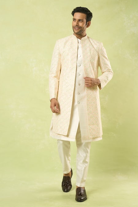 Arihant Rai Sinha_Cream Embroidery, Sequins Jaal Sherwani Set_Online_at_Aza_Fashions