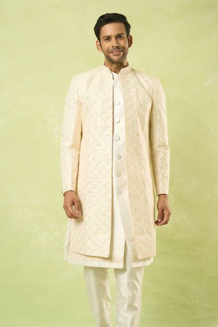 Arihant Rai Sinha_Cream Embroidery, Sequins Jaal Sherwani Set_at_Aza_Fashions