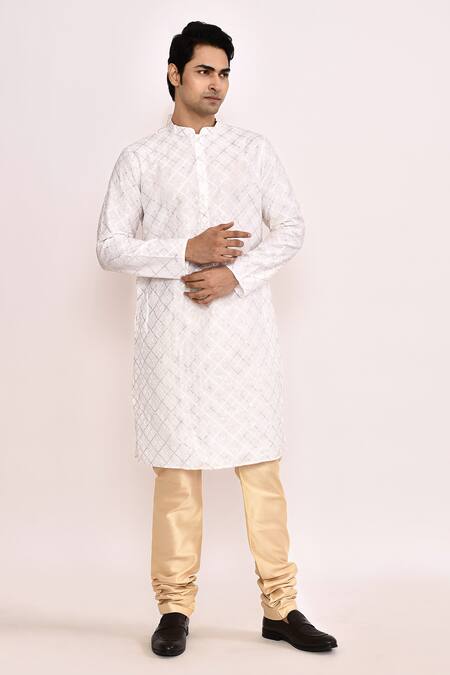 Buy_Arihant Rai Sinha_White Silk Blend Classic Long Kurta_Online_at_Aza_Fashions
