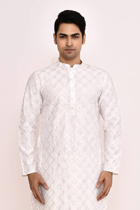 Arihant Rai Sinha_White Silk Blend Classic Long Kurta_at_Aza_Fashions