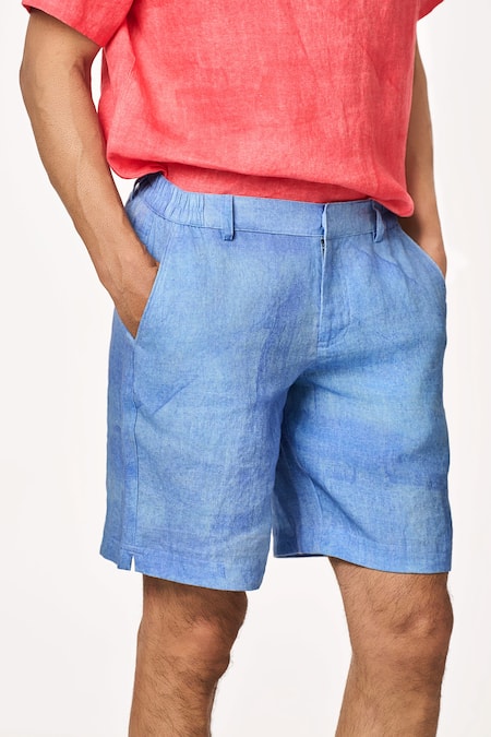 Terra Luna_Blue Linen Ice Designer Shorts _Online_at_Aza_Fashions