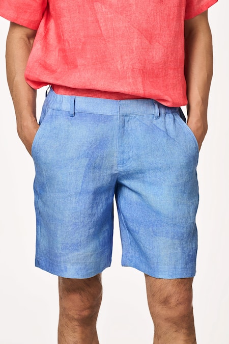 Buy_Terra Luna_Blue Linen Ice Designer Shorts _Online_at_Aza_Fashions