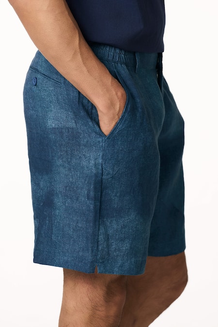 Terra Luna_Blue Linen Ocean Designer Shorts _Online_at_Aza_Fashions