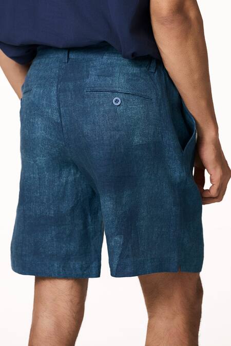 Shop_Terra Luna_Blue Linen Ocean Designer Shorts _at_Aza_Fashions