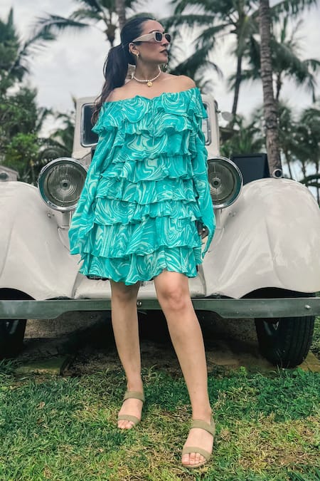 Buy_Saangi_Blue Chiffon One Shoulder Printed Dress _Online_at_Aza_Fashions