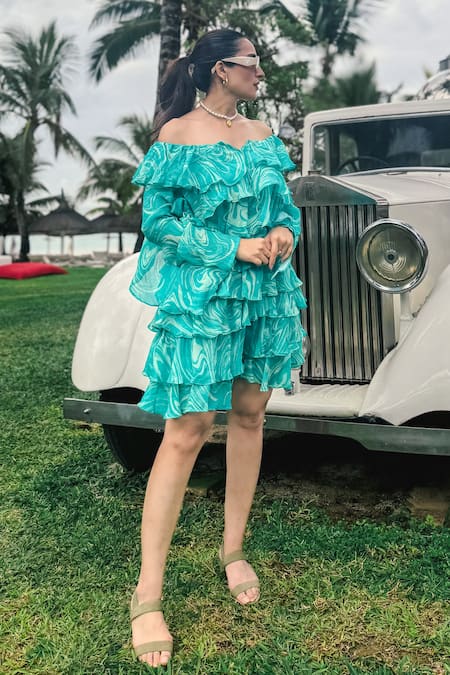 Shop_Saangi_Blue Chiffon One Shoulder Printed Dress _Online_at_Aza_Fashions