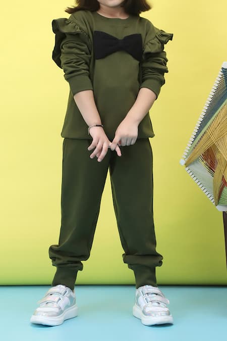 Shop_Petite Pomme_Green Cotton Bow Detailed Frilled Top And Jogger Set _Online_at_Aza_Fashions