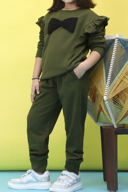 Petite Pomme_Green Cotton Bow Detailed Frilled Top And Jogger Set _at_Aza_Fashions
