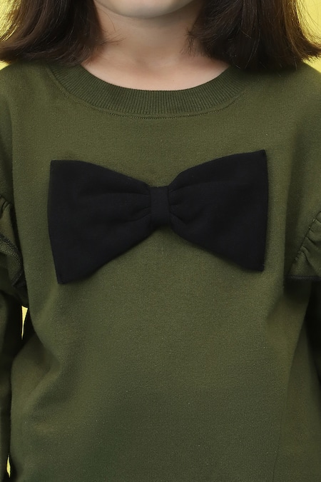 Buy_Petite Pomme_Green Cotton Bow Detailed Frilled Top And Jogger Set 