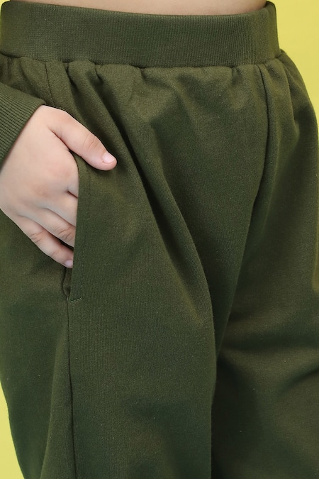 Shop_Petite Pomme_Green Cotton Bow Detailed Frilled Top And Jogger Set 