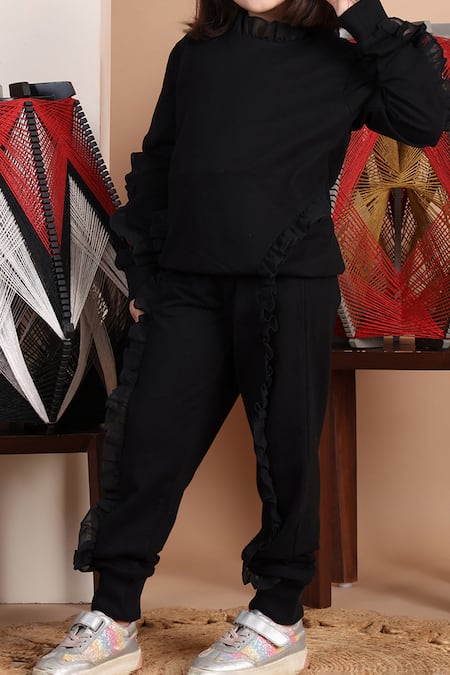 Buy_Petite Pomme_Black Cotton Ruffles Frilled Top And Jogger Set 