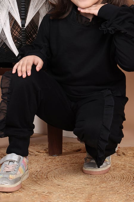 Shop_Petite Pomme_Black Cotton Ruffles Frilled Top And Jogger Set 