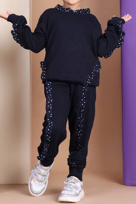Buy_Petite Pomme_Navy Cotton Polka Dot Frill Top And Jogger Set _Online_at_Aza_Fashions