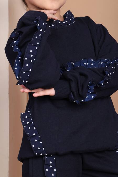 Petite Pomme_Navy Cotton Polka Dot Frill Top And Jogger Set _at_Aza_Fashions