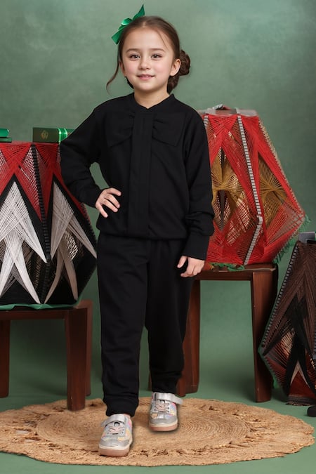 Samyukta Singhania Black Cotton Front Bow Top And Jogger Set 