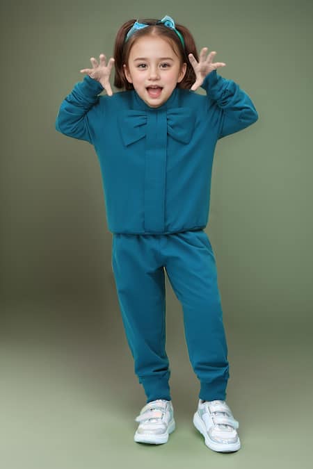 Samyukta Singhania Blue Cotton Bow Detail Full Sleeve Top And Jogger Set 