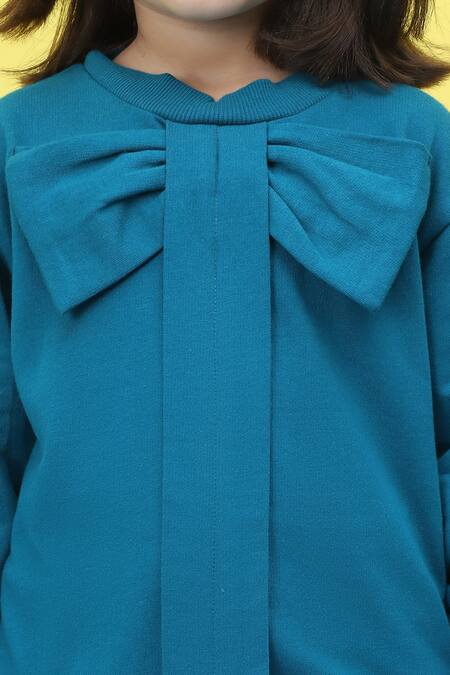 Petite Pomme_Blue Cotton Bow Detail Full Sleeve Top And Jogger Set _at_Aza_Fashions