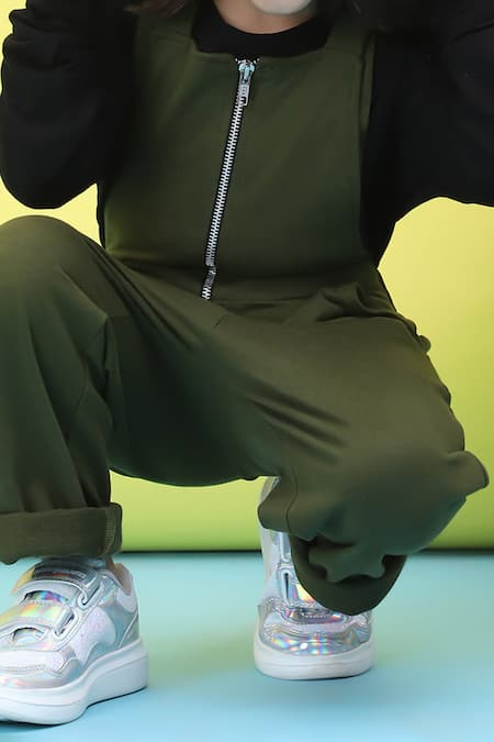 Buy_Petite Pomme_Green Cotton Olive Front Zip Jumper Set _Online_at_Aza_Fashions