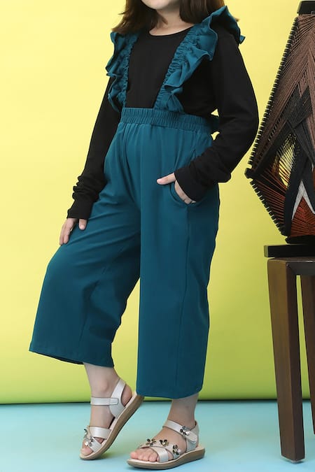 Petite Pomme_Blue Cotton Cyan Frilled Jumpsuit Set _at_Aza_Fashions