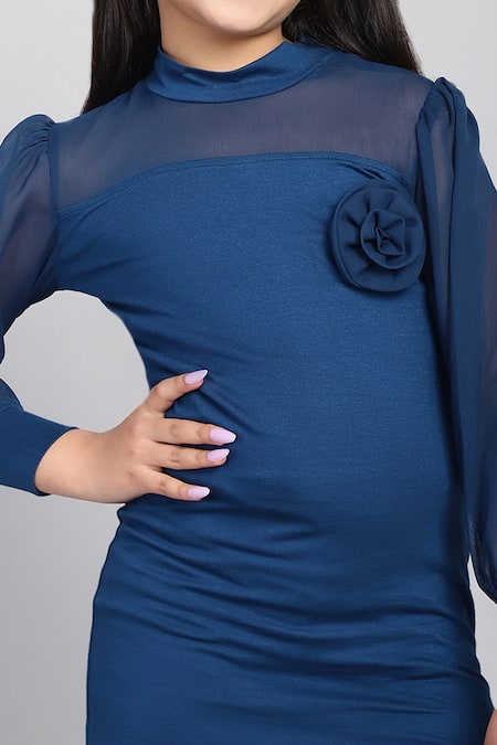 Buy_Petite Pomme_Blue Viscose Fabric Flowers Sheer Sleeve Dress 