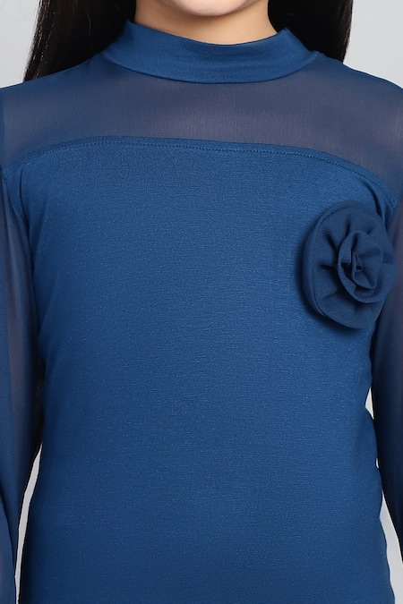 Shop_Petite Pomme_Blue Viscose Fabric Flowers Sheer Sleeve Dress 