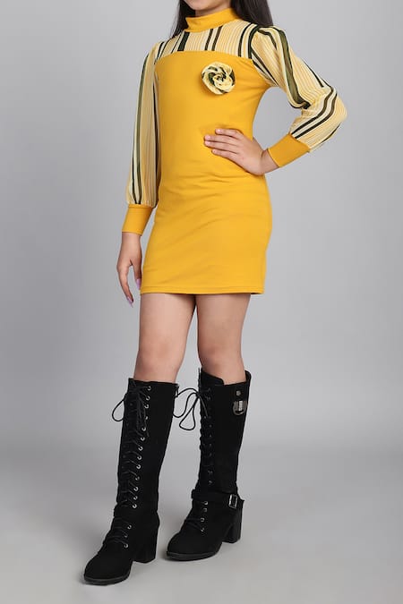 Shop_Petite Pomme_Yellow Cotton Fabric Flowers Printed Sleeve Dress _Online_at_Aza_Fashions