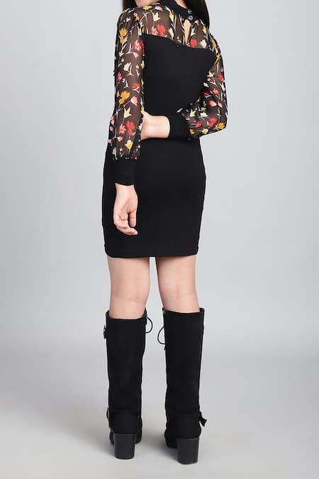 Petite Pomme Printed Sleeve Black Dress 