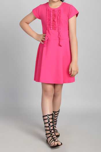 Petite Pomme_Pink Cotton Fringe Frilled Short Dress _Online_at_Aza_Fashions