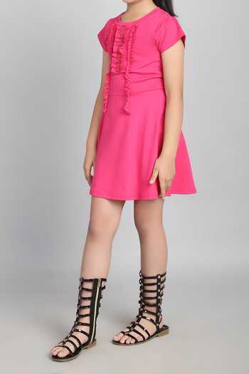 Buy_Petite Pomme_Pink Cotton Fringe Frilled Short Dress _Online_at_Aza_Fashions