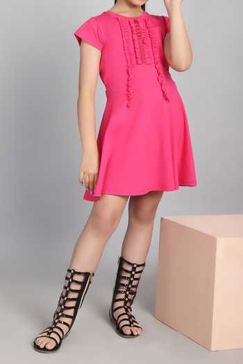 Shop_Petite Pomme_Pink Cotton Fringe Frilled Short Dress _Online_at_Aza_Fashions
