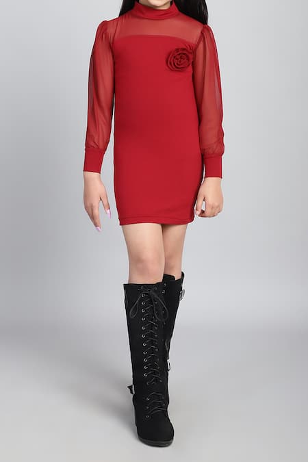 Buy_Petite Pomme_Maroon Cotton Sheer Sleeve Dress _Online_at_Aza_Fashions