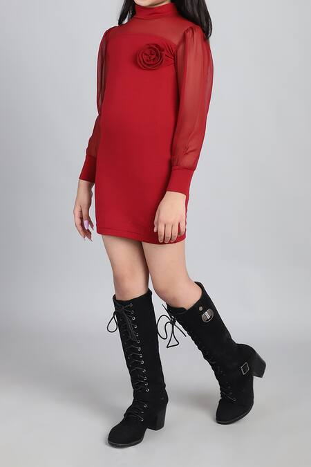 Petite Pomme_Maroon Cotton Sheer Sleeve Dress _at_Aza_Fashions