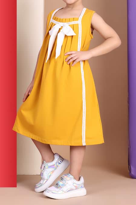 Shop_Petite Pomme_Yellow Cotton Bows, Lace Pleated Neckline Dress With Detail _Online_at_Aza_Fashions